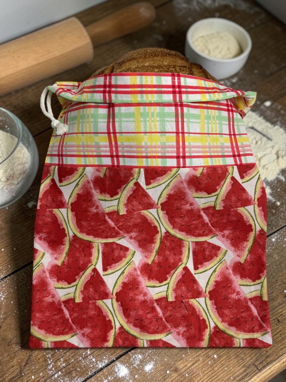Watermelon Bread Bag, Reusable Cotton Bread Storage Bag, Farmhouse Sourdough Bag